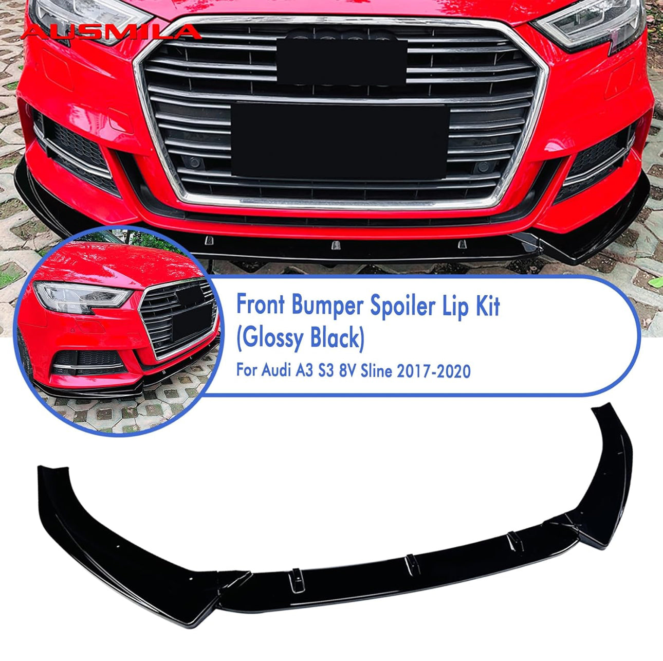 Audi A3/S3 8V S-Line 2017-2020 Gloss Black Front Splitter 3 Piece
