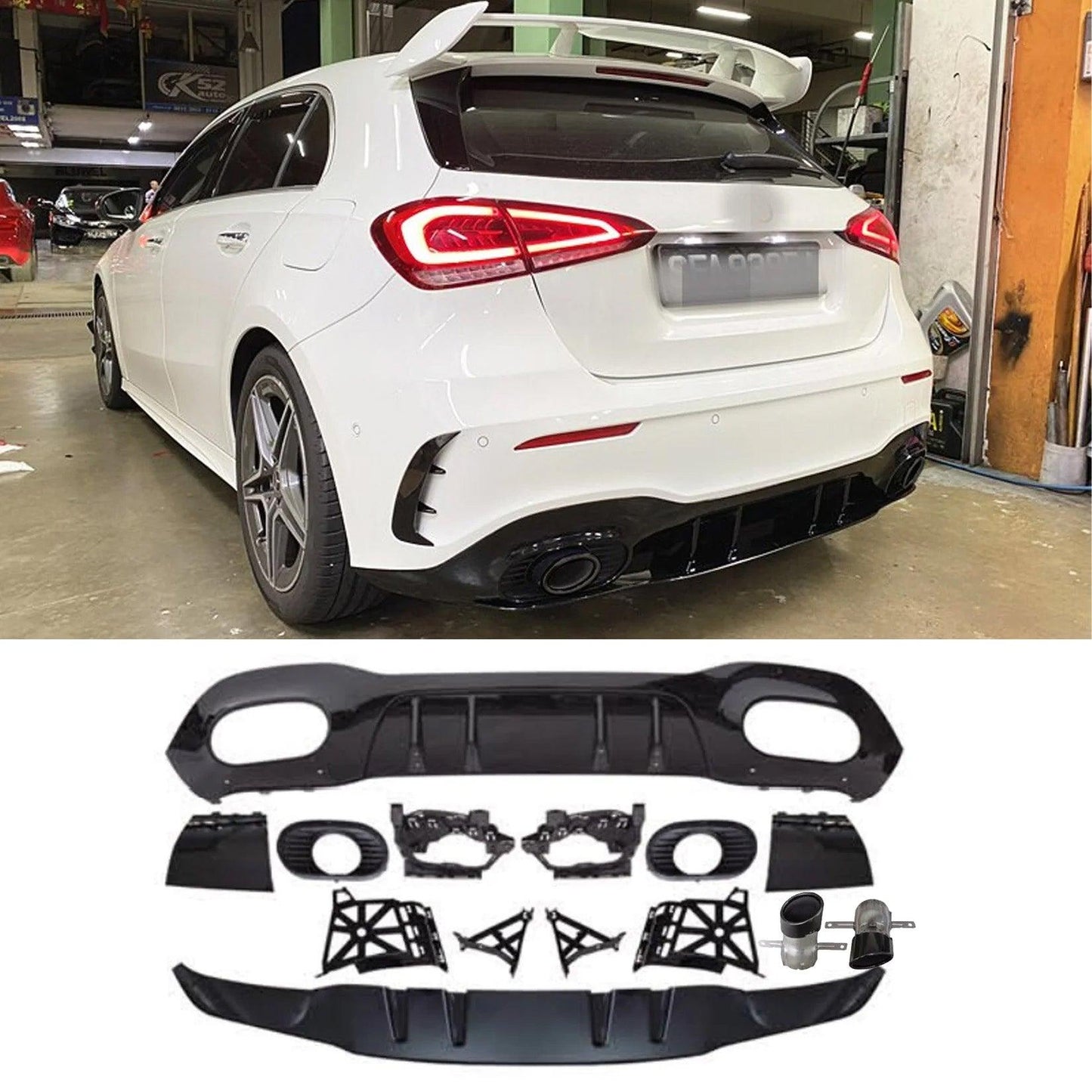 MERCEDES A-CLASS W177 2018 ON 'A35 LOOK' REAR DIFFUSER WITH EXHAST PIPES TWIN EXIT SINGLE TIP - GLOSS BLACK