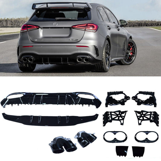 MERCEDES A-CLASS W177 2018 ON "A45" LOOK REAR DIFFUSER WITH TAILPIPES TWIN EXIT QUAD TIP - GLOSS BLACK